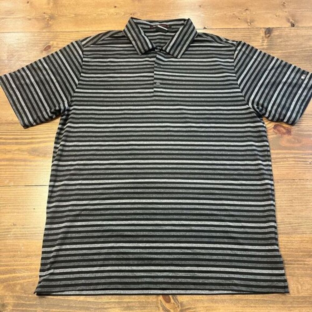 Nike Tiger Woods Polo Shirt Mens Large‎ Snap Black Gray Stipe Golf Performance